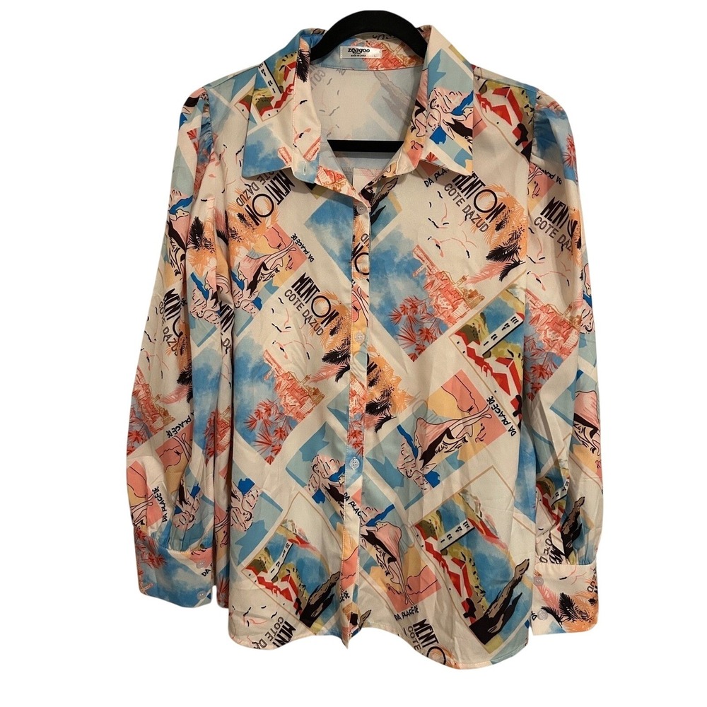 Zeagoo Menton Cote d'Azur Postcard Print Blouse Long Sleeve Button Up Top Large